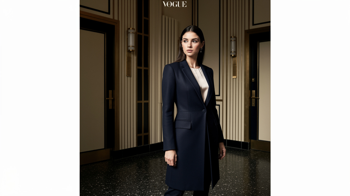 Editorial fashion portrait of a woman in a tailored coat in a minimalist interior