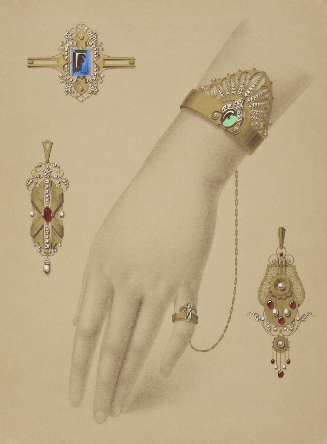 Collection of vintage brooches and jewelry displayed on velvet