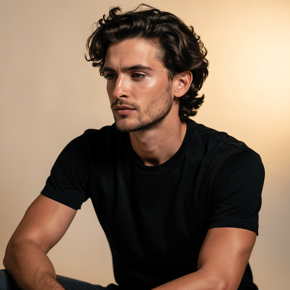 Studio portrait of a Belgian musician with a contemplative expression