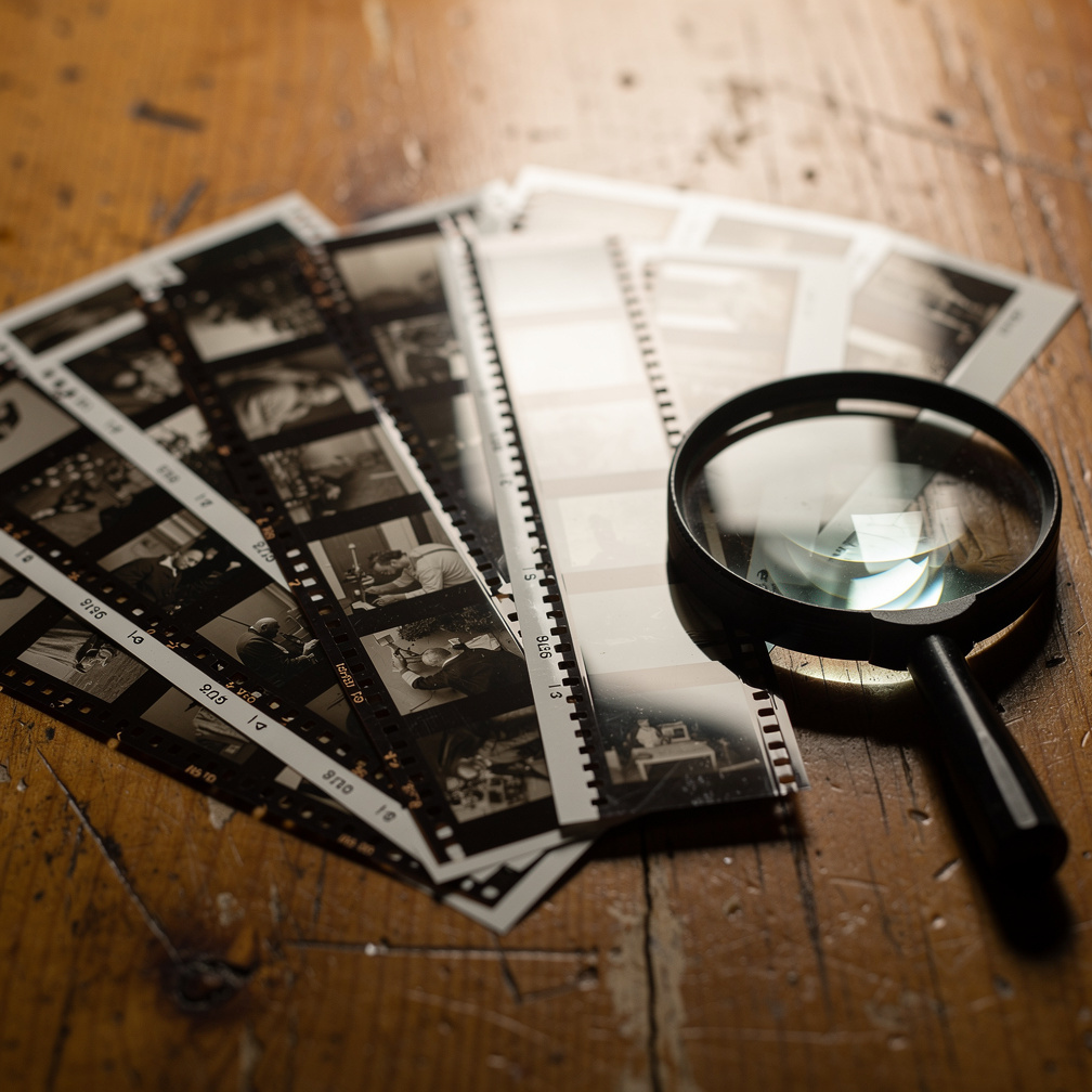 Archived photographic negatives and contact sheets on a table