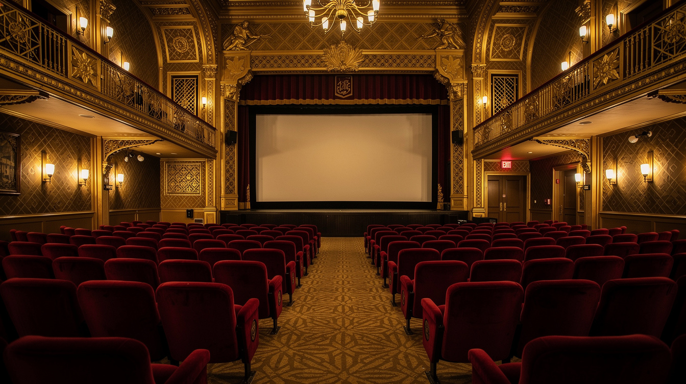 Interior of a vintage art-deco cinema hall with red velvet seats